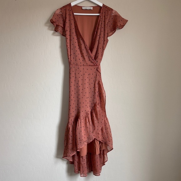 Abercrombie & Fitch Dresses & Skirts - Abercrombie Women Ruffle Tie Midi Wrap Dress Brown Black Polka Dot Small